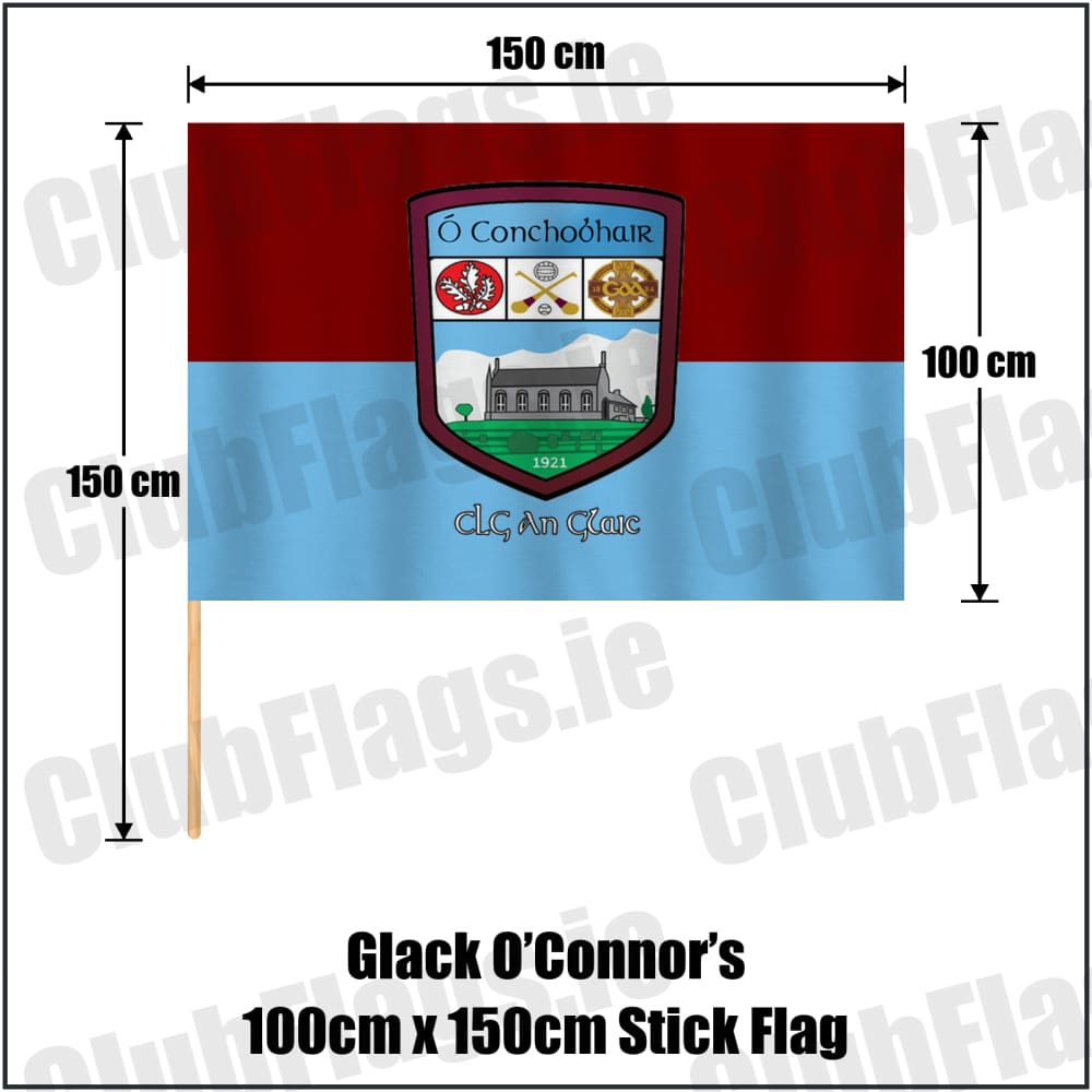 Glack O’Connor’s 100cm x 150cm Stick Flag in maroon and sky blue, featuring the club crest on realistic fabric with gentle vertical folds; County Derry GAA. ClubFlags.ie.