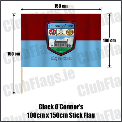Glack O’Connor’s 100cm x 150cm Stick Flag in maroon and sky blue, featuring the club crest on realistic fabric with gentle vertical folds; County Derry GAA. ClubFlags.ie.