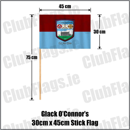 Glack O’Connor’s 30cm x 45cm Stick Flag in maroon and sky blue, featuring the club crest on realistic fabric with gentle vertical folds; County Derry GAA. ClubFlags.ie.