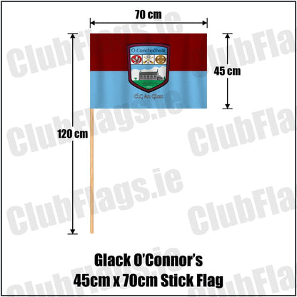 Glack O’Connor’s 45cm x 70cm Stick Flag in maroon and sky blue, featuring the club crest on realistic fabric with gentle vertical folds; County Derry GAA. ClubFlags.ie.