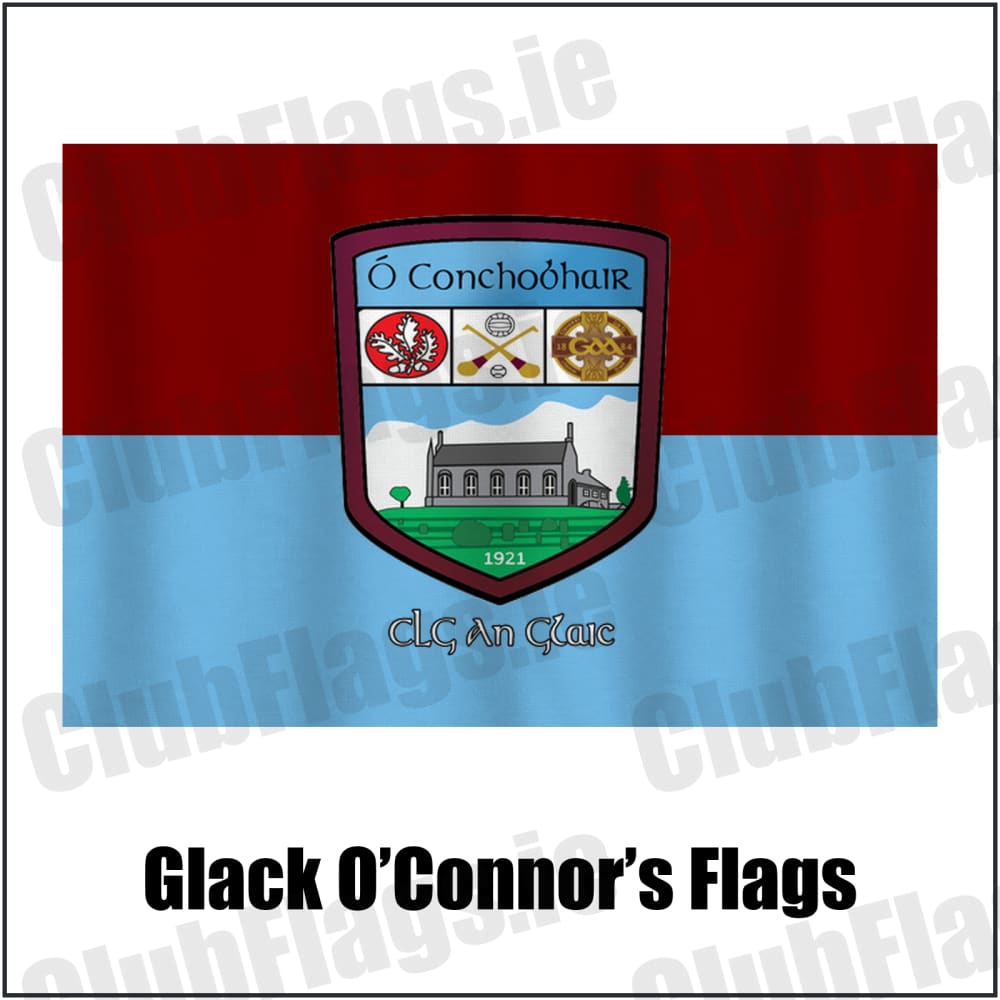 Glack O’Connor’s Flags in maroon and sky blue, featuring the club crest on realistic fabric with gentle vertical folds; County Derry GAA. ClubFlags.ie.