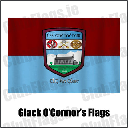 Glack O’Connor’s Flags in maroon and sky blue, featuring the club crest on realistic fabric with gentle vertical folds; County Derry GAA. ClubFlags.ie.