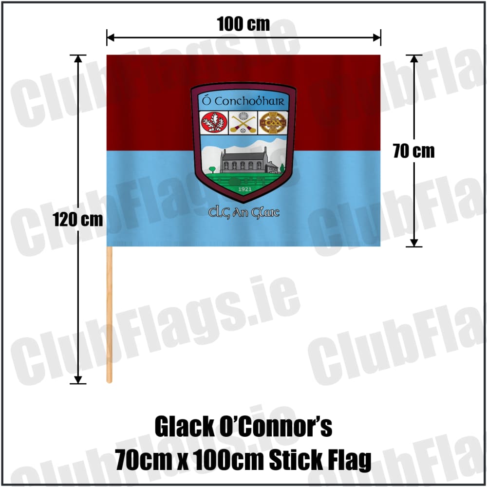 Glack O’Connor’s 70cm x 100cm Stick Flag in maroon and sky blue, featuring the club crest on realistic fabric with gentle vertical folds; County Derry GAA. ClubFlags.ie.