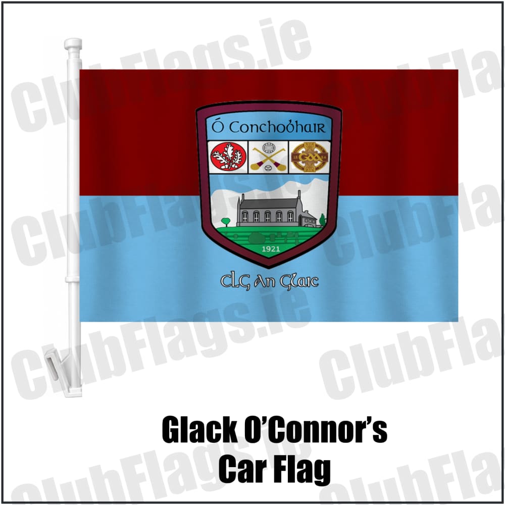Glack O’Connor’s Car Flag in maroon and sky blue, featuring the club crest on realistic fabric with gentle vertical folds; County Derry GAA. ClubFlags.ie.