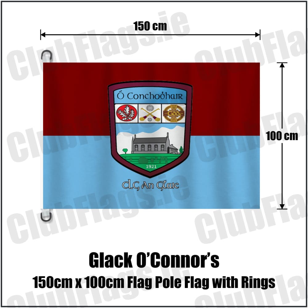Glack O’Connor’s 150cm x 100cm Flag Pole Flag with Rings in maroon and sky blue, featuring the club crest on realistic fabric with gentle vertical folds; County Derry GAA. ClubFlags.ie.