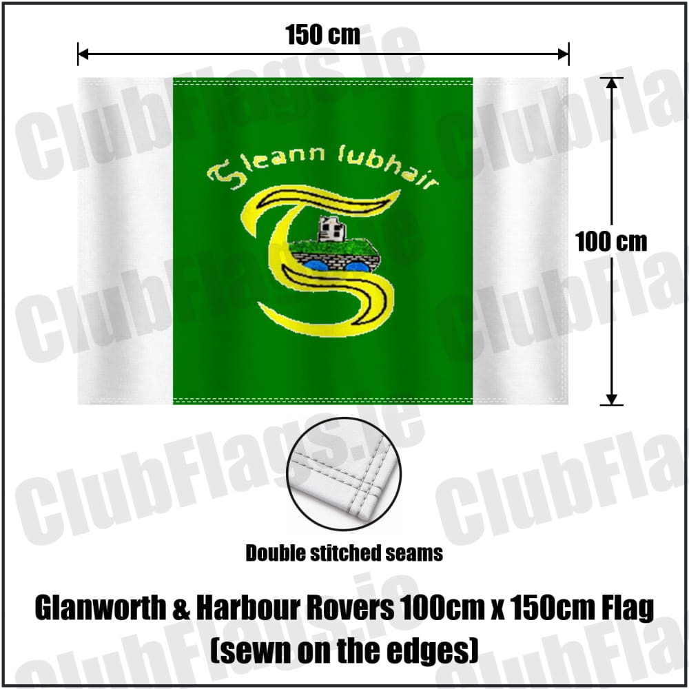 Glanworth & Harbour Rovers 100cm x 150cm Flag (sewn on the edges) in green and white, featuring the club crest on realistic fabric with gentle vertical folds; County Cork GAA. ClubFlags.ie.