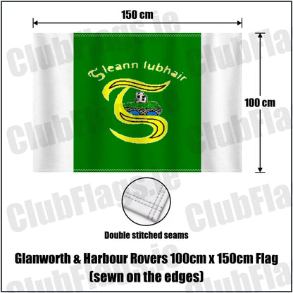Glanworth & Harbour Rovers 100cm x 150cm Flag (sewn on the edges) in green and white, featuring the club crest on realistic fabric with gentle vertical folds; County Cork GAA. ClubFlags.ie.