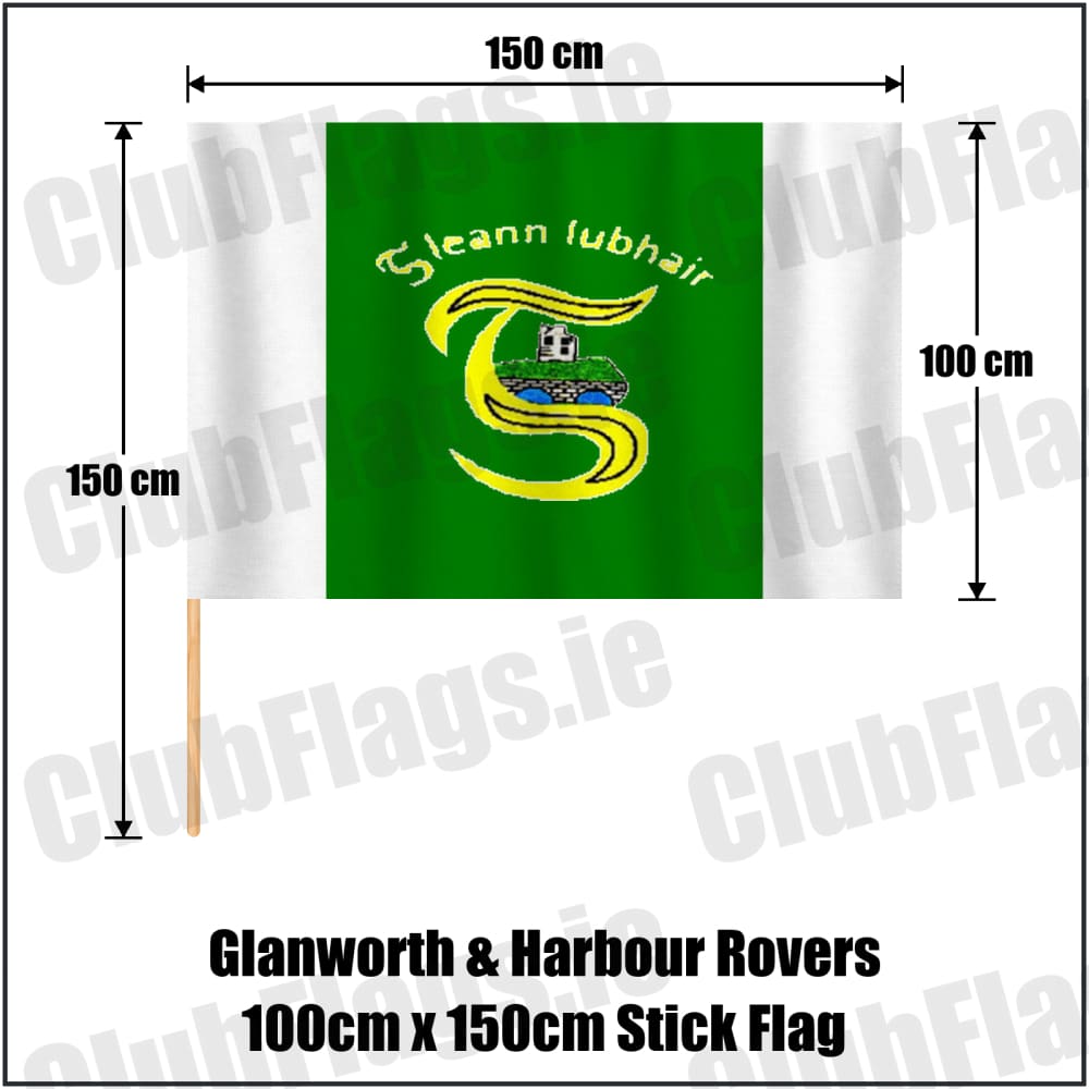 Glanworth & Harbour Rovers 100cm x 150cm Stick Flag in green and white, featuring the club crest on realistic fabric with gentle vertical folds; County Cork GAA. ClubFlags.ie.