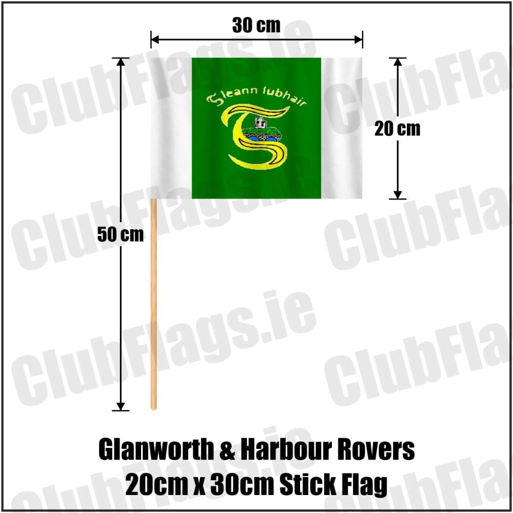 Glanworth & Harbour Rovers 20cm x 30cm Stick Flag in green and white, featuring the club crest on realistic fabric with gentle vertical folds; County Cork GAA. ClubFlags.ie.