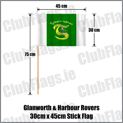 Glanworth & Harbour Rovers 30cm x 45cm Stick Flag in green and white, featuring the club crest on realistic fabric with gentle vertical folds; County Cork GAA. ClubFlags.ie.