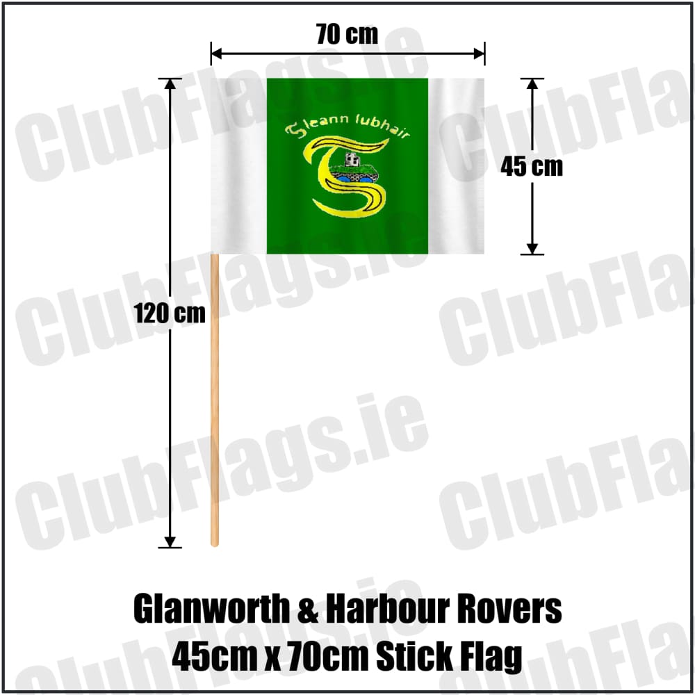 Glanworth & Harbour Rovers 45cm x 70cm Stick Flag in green and white, featuring the club crest on realistic fabric with gentle vertical folds; County Cork GAA. ClubFlags.ie.