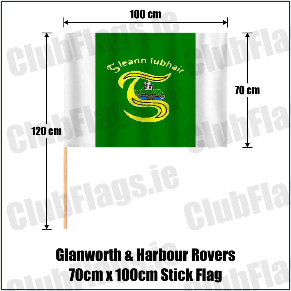 Glanworth & Harbour Rovers 70cm x 100cm Stick Flag in green and white, featuring the club crest on realistic fabric with gentle vertical folds; County Cork GAA. ClubFlags.ie.