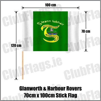 Glanworth & Harbour Rovers 70cm x 100cm Stick Flag in green and white, featuring the club crest on realistic fabric with gentle vertical folds; County Cork GAA. ClubFlags.ie.