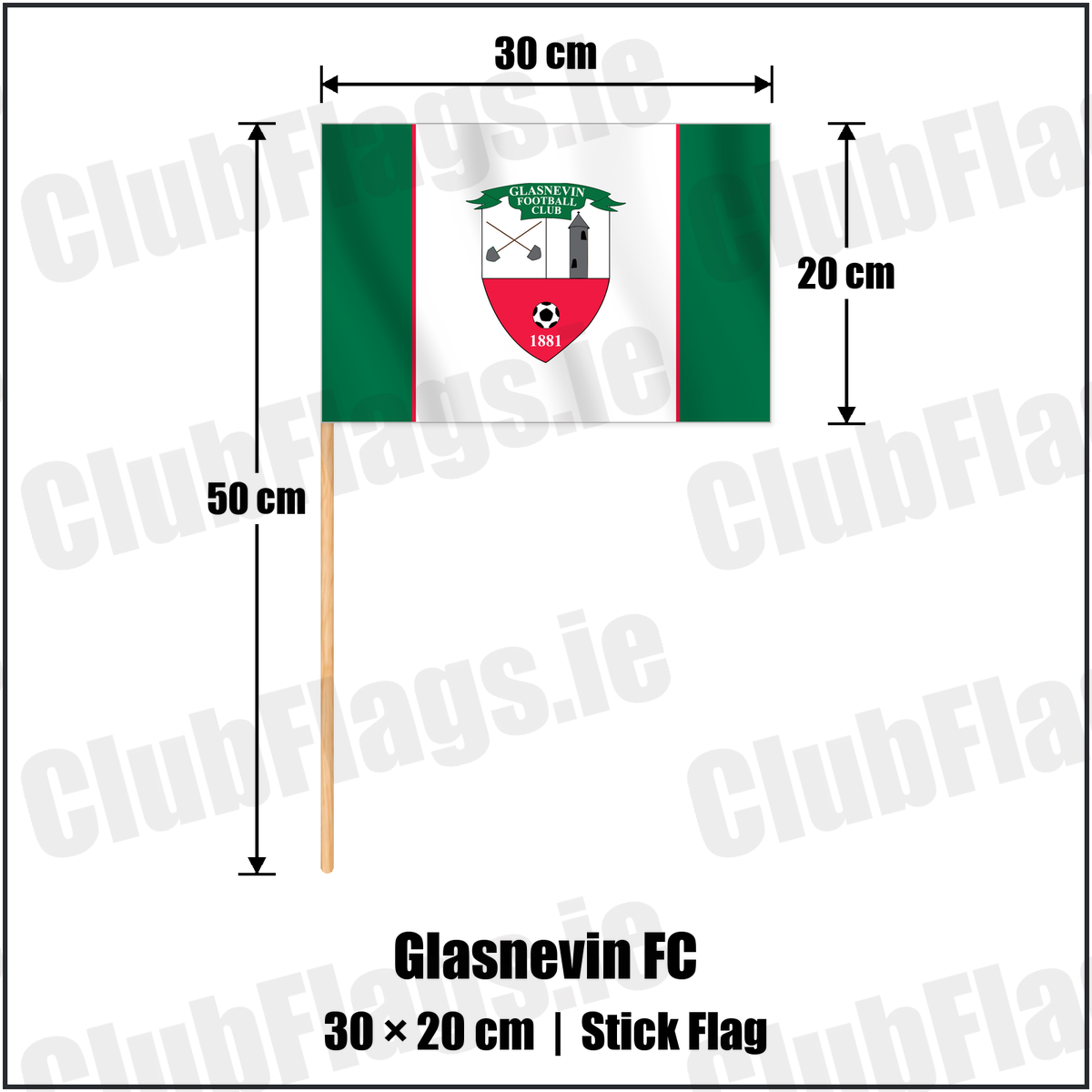 Glasnevin FC 20cm x 30cm Stick Flag with the club crest and colours, Dublin Football - ClubFlags.ie