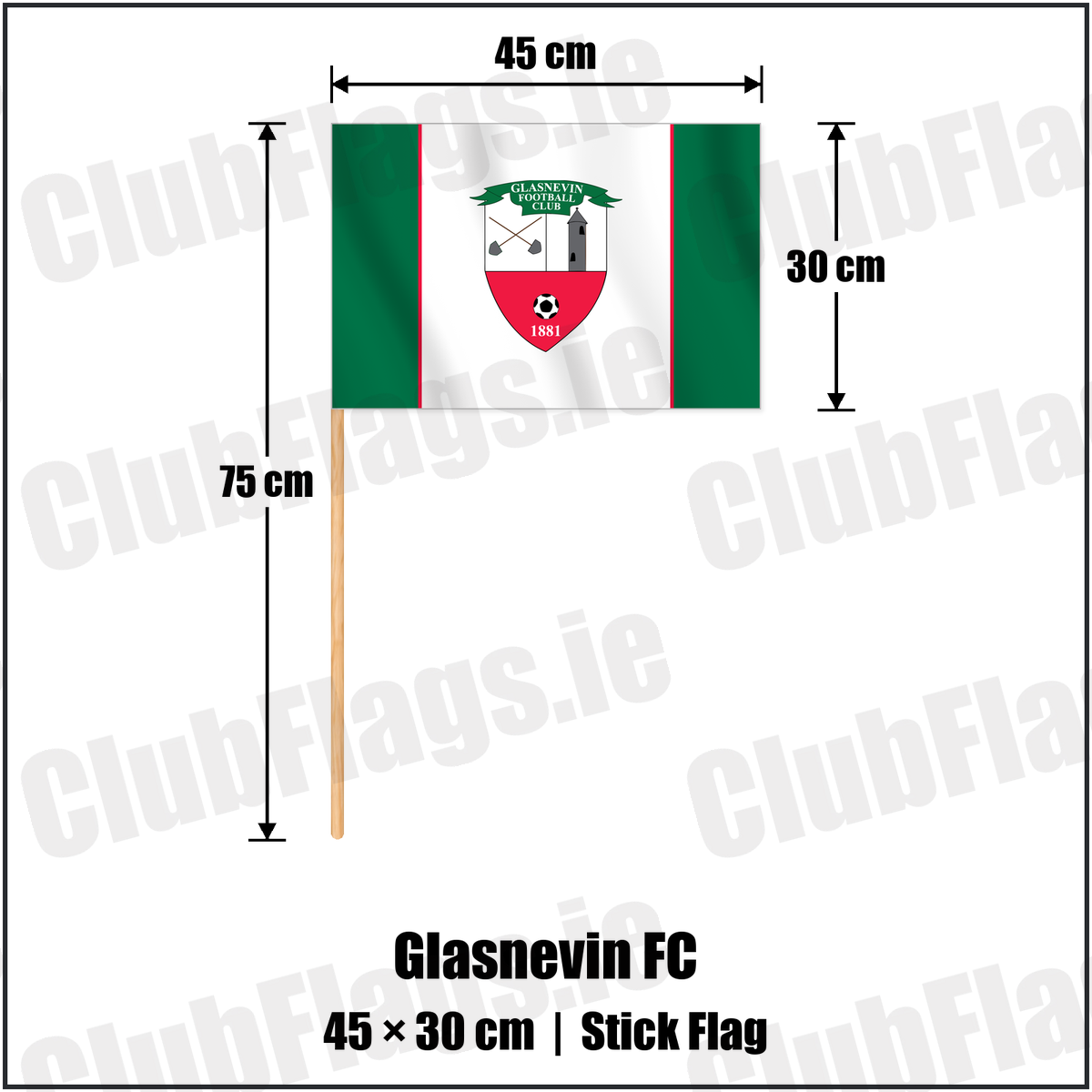 Glasnevin FC 30cm x 45cm Stick Flag with the club crest and colours, Dublin Football - ClubFlags.ie
