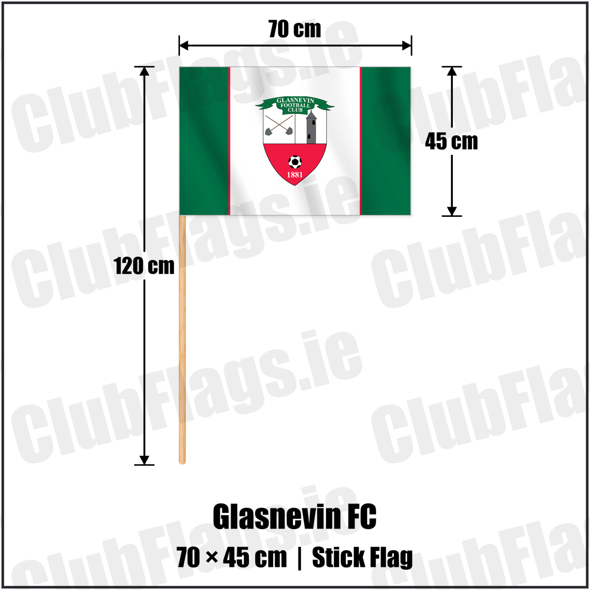 Glasnevin FC 45cm x 70cm Stick Flag with the club crest and colours, Dublin Football - ClubFlags.ie