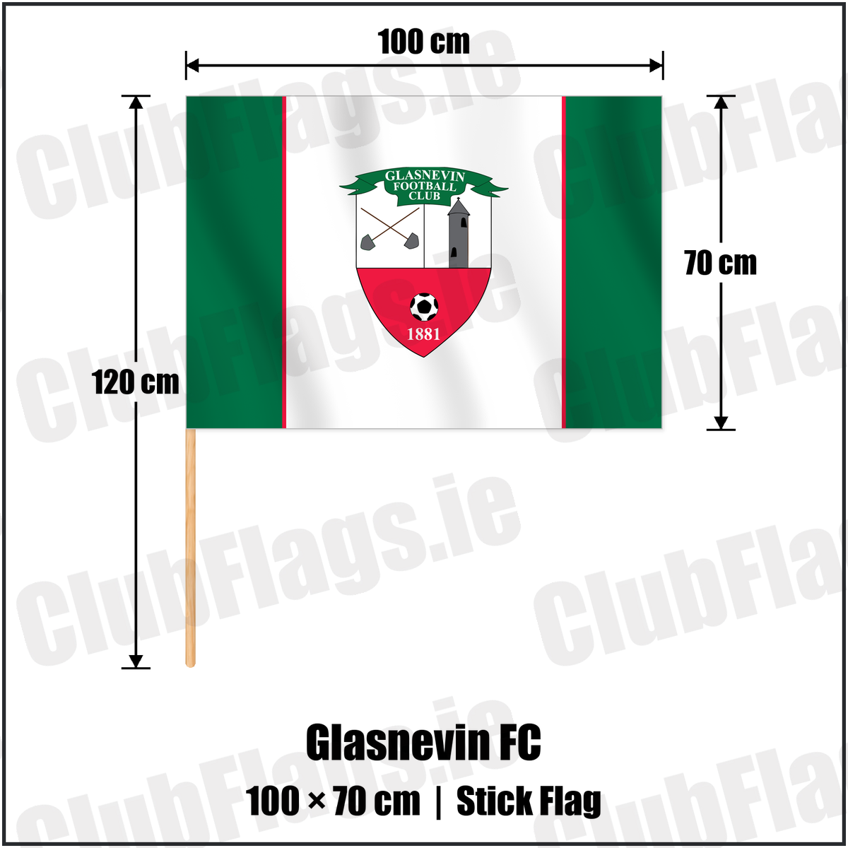 Glasnevin FC 70cm x 100cm Stick Flag with the club crest and colours, Dublin Football - ClubFlags.ie
