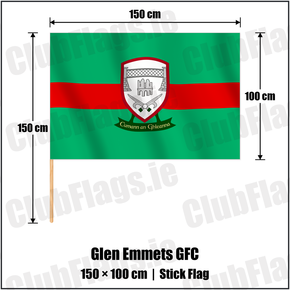 Glen Emmets GFC 100cm x 150cm Stick Flag with the verified club crest and colours, Louth GAA - ClubFlags.ie