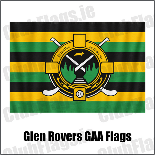 Glen Rovers GAA, County Cork, black, gold and green club crest flag with subtle vertical fabric folds