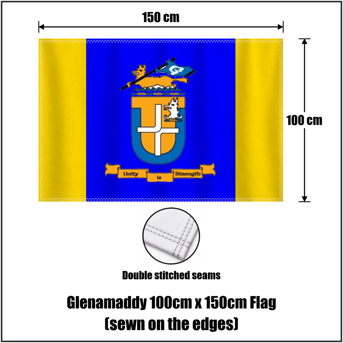 Glenamaddy 100cm x 150cm Flag (sewn on the edges), featuring the club crest and blue and gold colours; County Galway GAA. ClubFlags.ie.