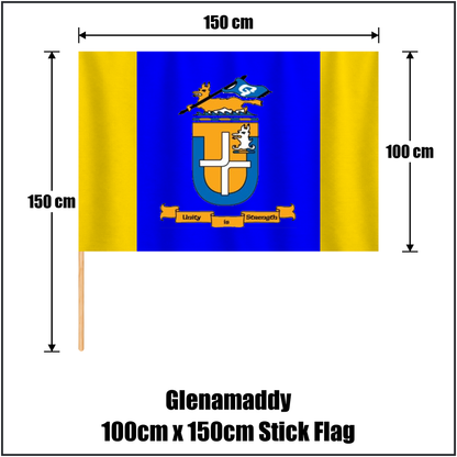 Glenamaddy 100cm x 150cm Stick Flag, featuring the club crest and blue and gold colours; County Galway GAA. ClubFlags.ie.