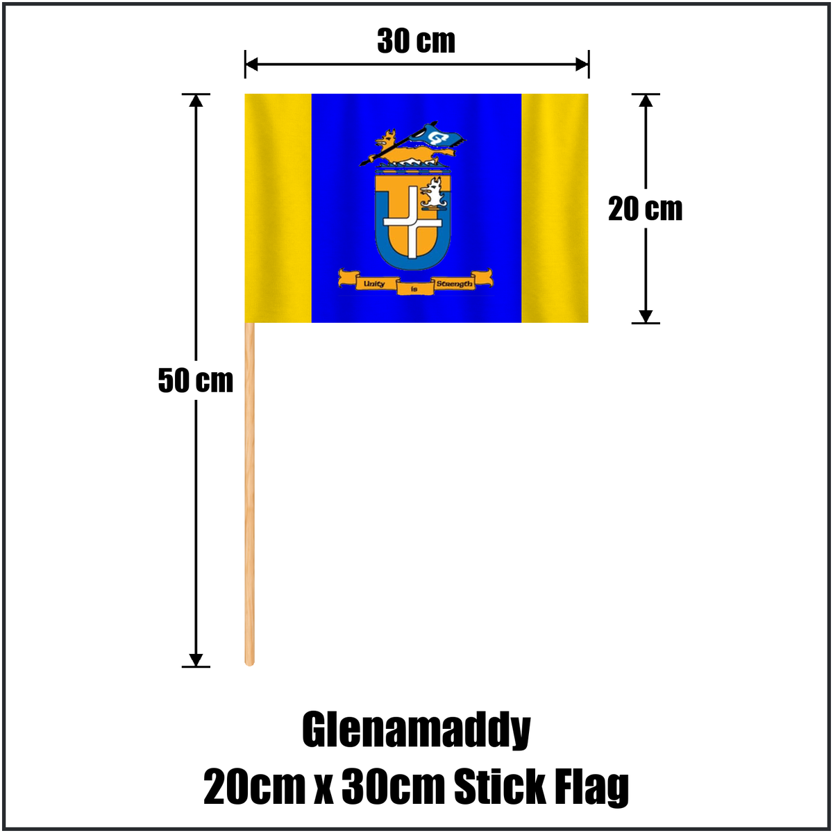 Glenamaddy 20cm x 30cm Stick Flag, featuring the club crest and blue and gold colours; County Galway GAA. ClubFlags.ie.