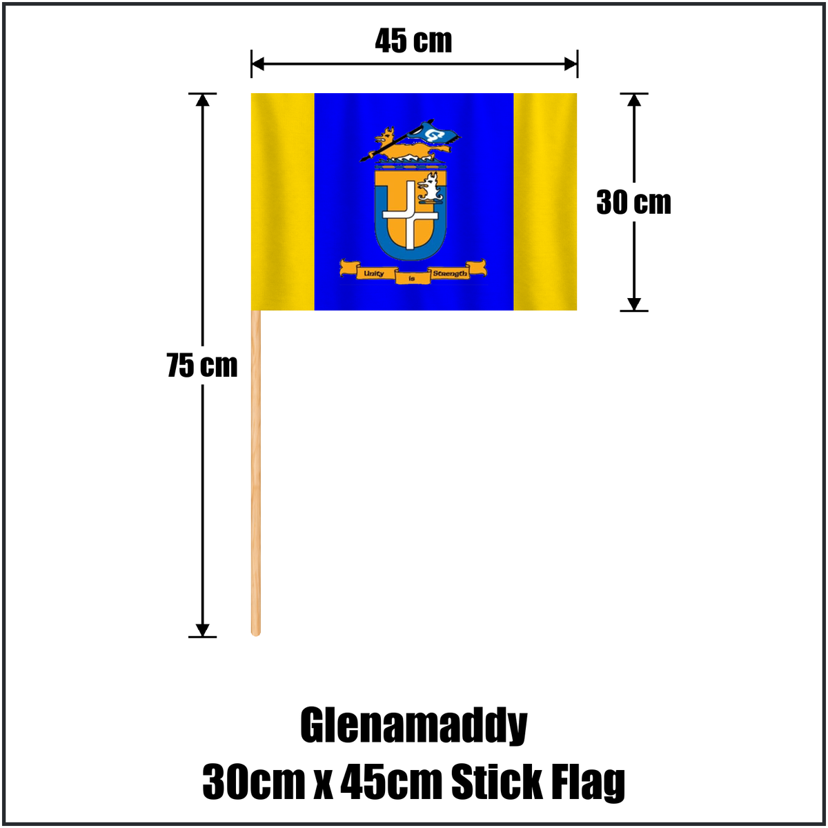 Glenamaddy 30cm x 45cm Stick Flag, featuring the club crest and blue and gold colours; County Galway GAA. ClubFlags.ie.