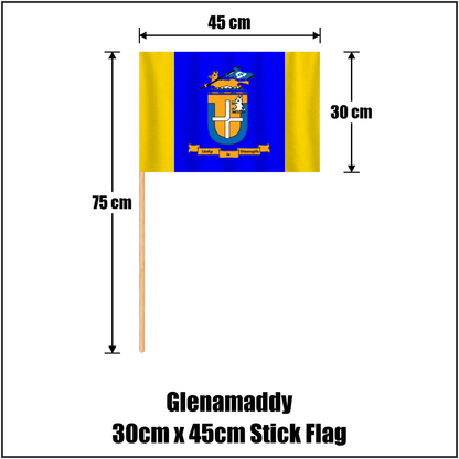 Glenamaddy 30cm x 45cm Stick Flag, featuring the club crest and blue and gold colours; County Galway GAA. ClubFlags.ie.