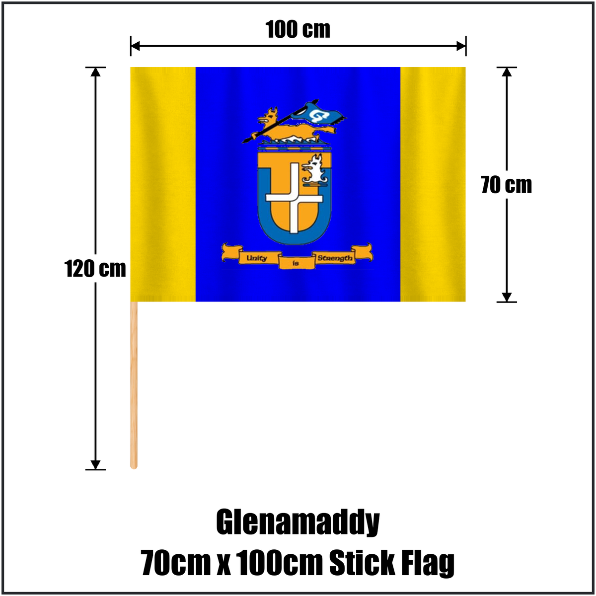 Glenamaddy 70cm x 100cm Stick Flag, featuring the club crest and blue and gold colours; County Galway GAA. ClubFlags.ie.