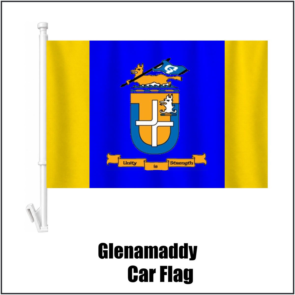 Glenamaddy Car Flag, featuring the club crest and blue and gold colours; County Galway GAA. ClubFlags.ie.