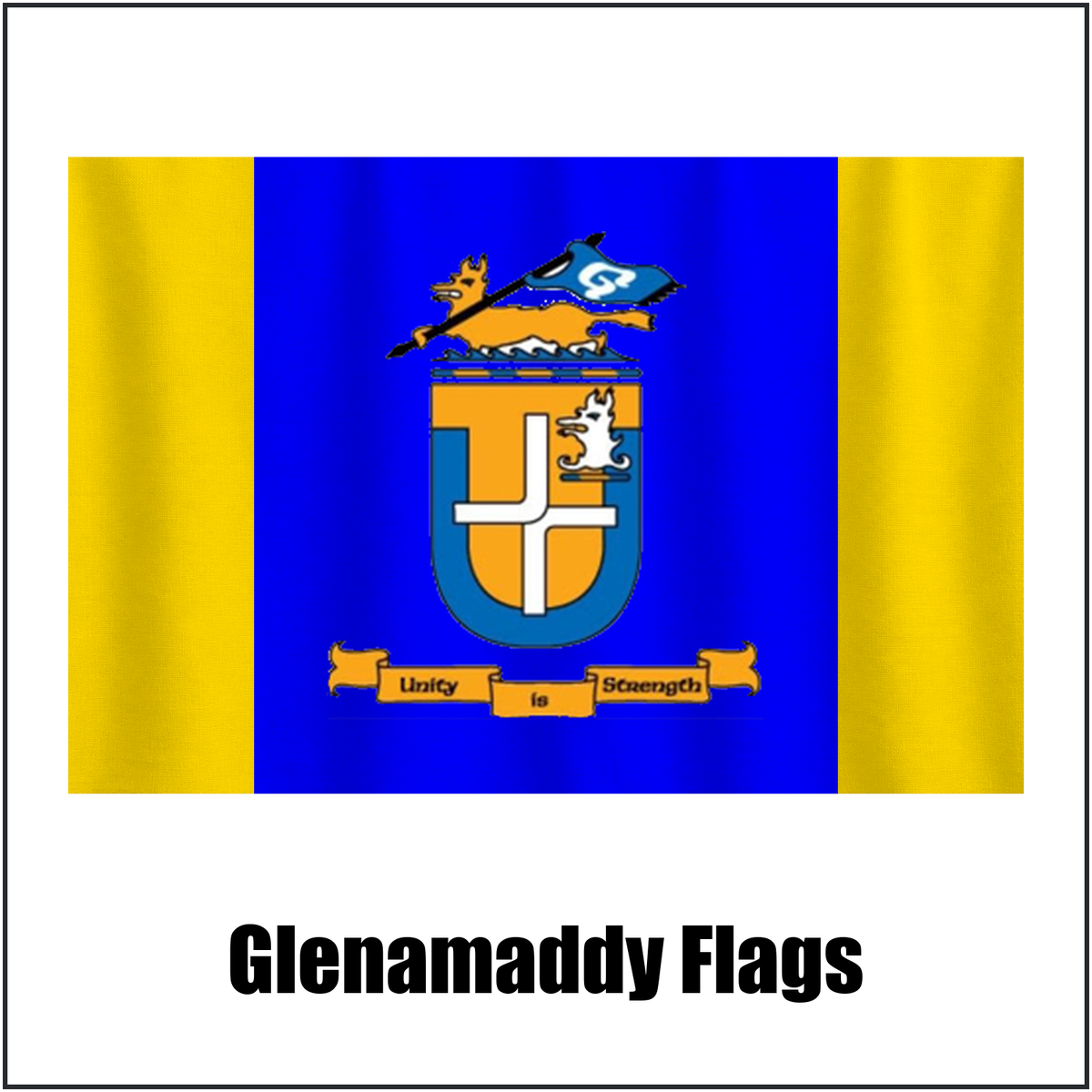 Glenamaddy Flags, featuring the club crest and blue and gold colours; County Galway GAA. ClubFlags.ie.