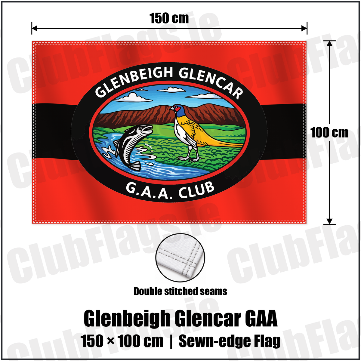 Glenbeigh Glencar GAA 100cm x 150cm Flag (sewn on the edges) with the verified club crest and colours, Kerry GAA - ClubFlags.ie