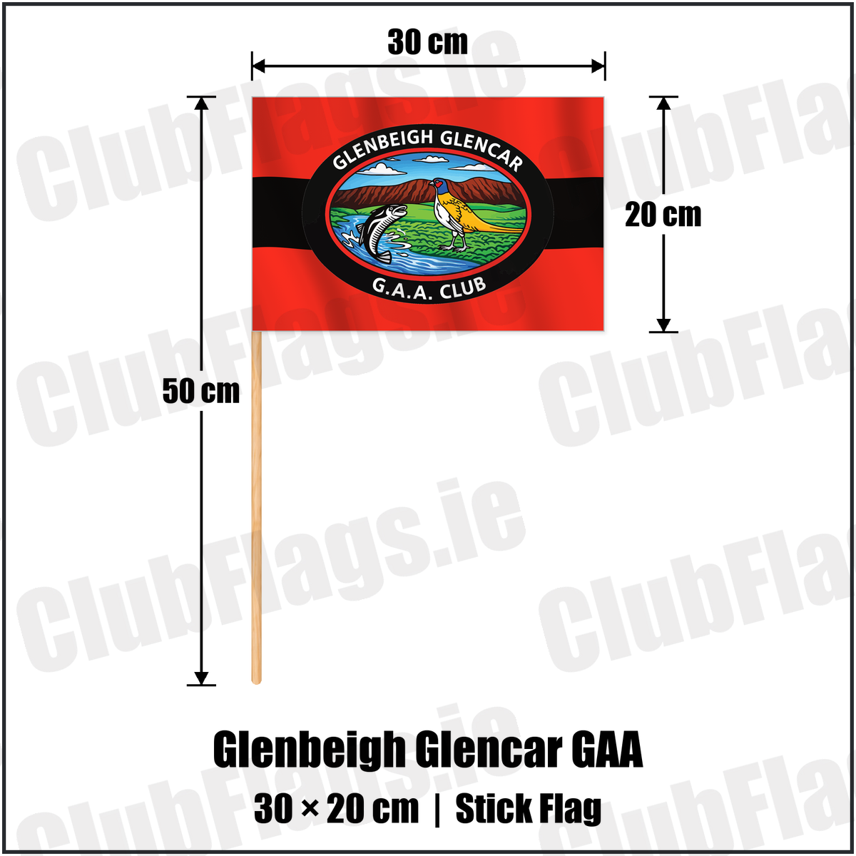 Glenbeigh Glencar GAA 20cm x 30cm Stick Flag with the verified club crest and colours, Kerry GAA - ClubFlags.ie