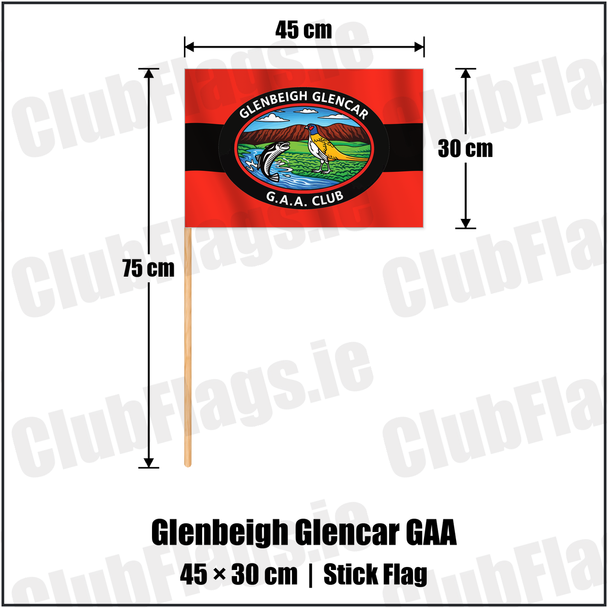 Glenbeigh Glencar GAA 30cm x 45cm Stick Flag with the verified club crest and colours, Kerry GAA - ClubFlags.ie