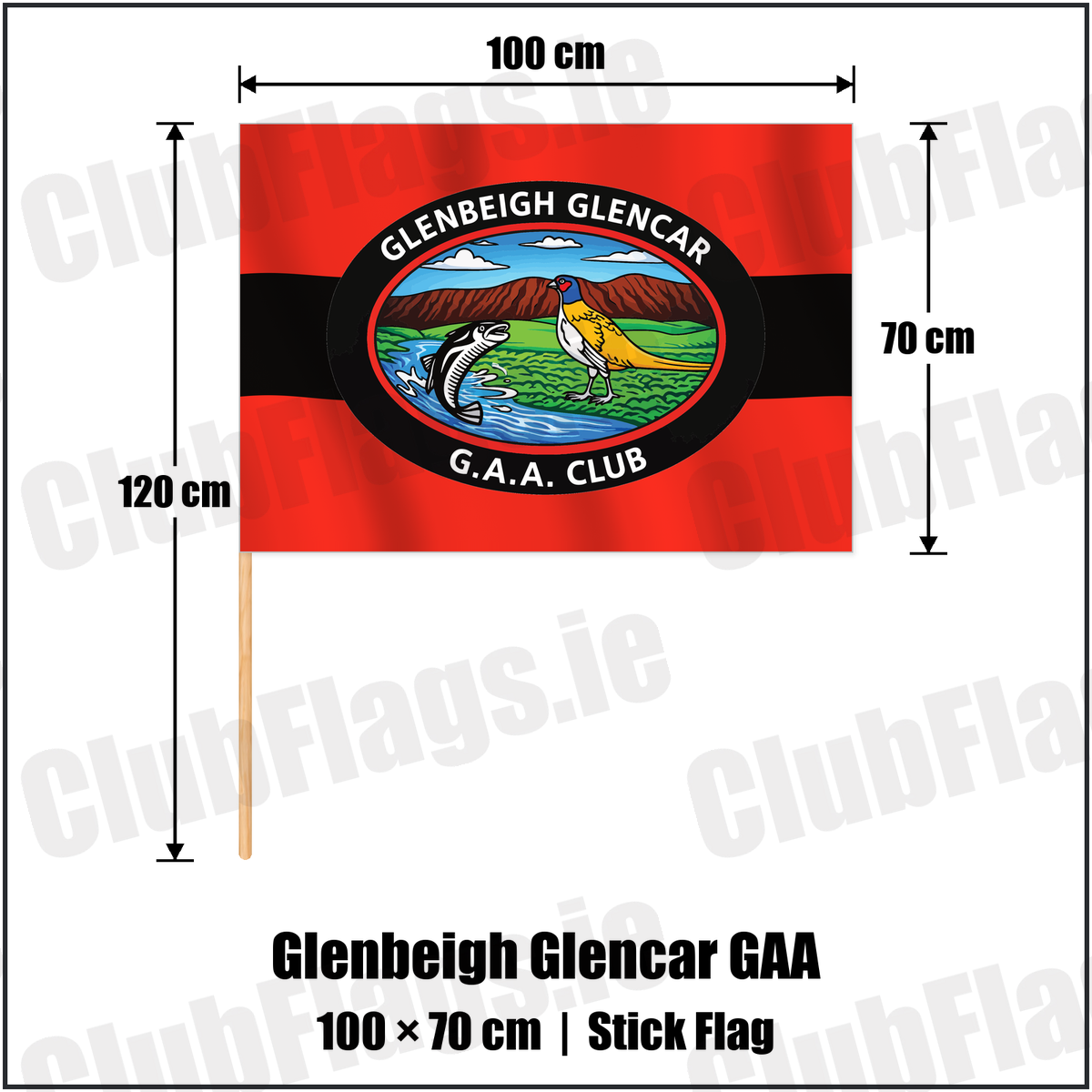 Glenbeigh Glencar GAA 70cm x 100cm Stick Flag with the verified club crest and colours, Kerry GAA - ClubFlags.ie