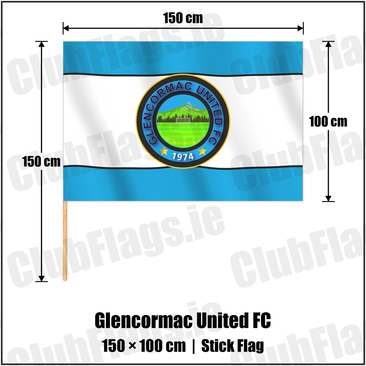 Glencormac United FC 100cm x 150cm Stick Flag with the club crest and colours, Wicklow Football - ClubFlags.ie