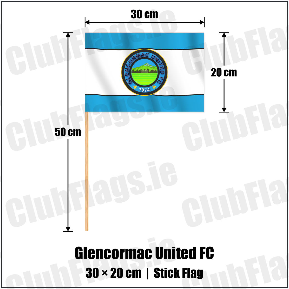 Glencormac United FC 20cm x 30cm Stick Flag with the club crest and colours, Wicklow Football - ClubFlags.ie