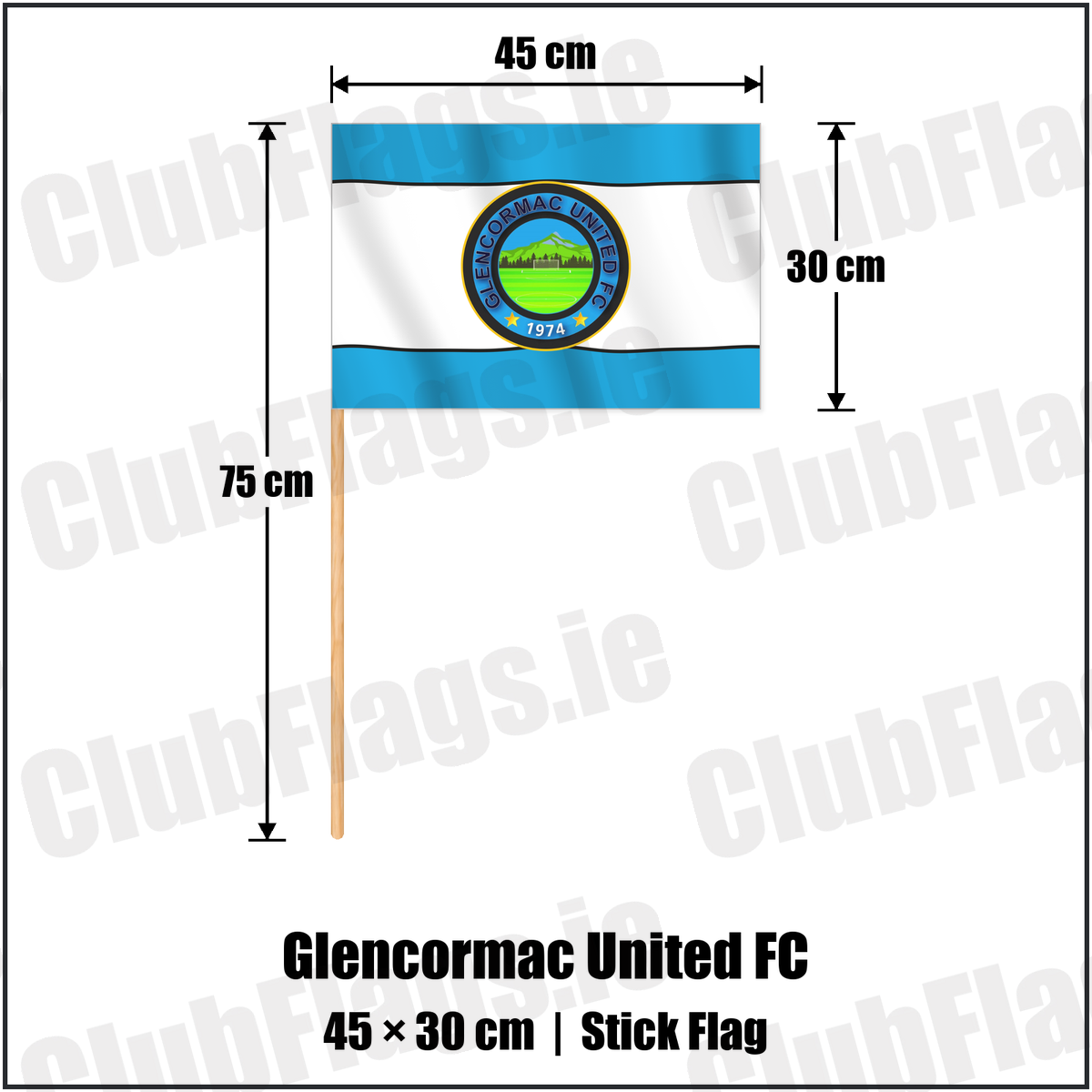 Glencormac United FC 30cm x 45cm Stick Flag with the club crest and colours, Wicklow Football - ClubFlags.ie