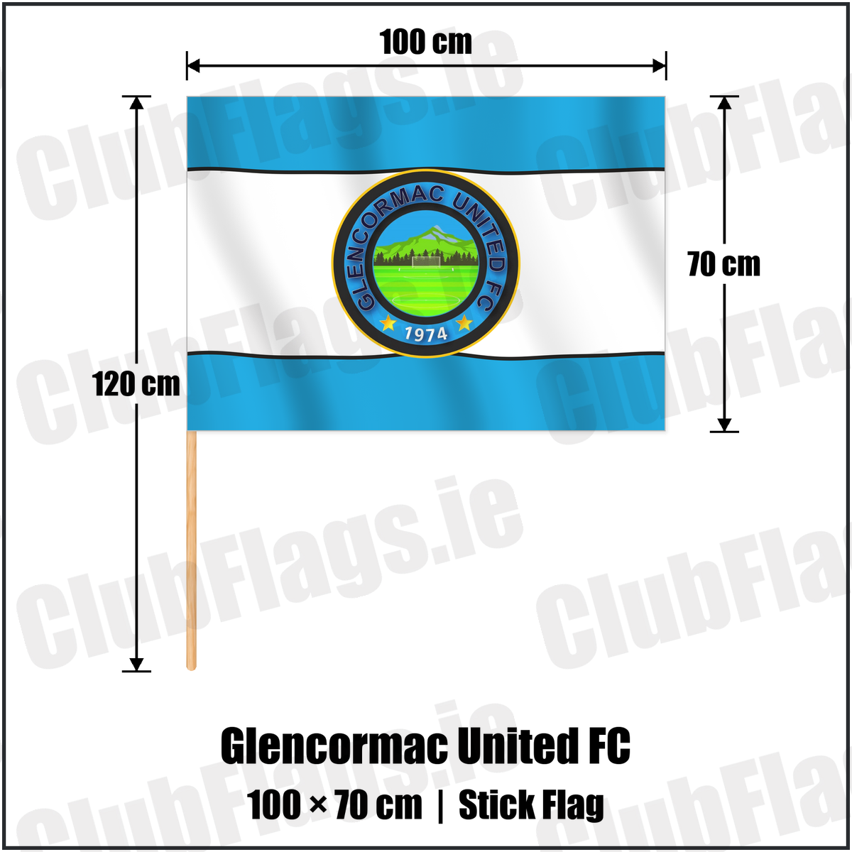 Glencormac United FC 70cm x 100cm Stick Flag with the club crest and colours, Wicklow Football - ClubFlags.ie