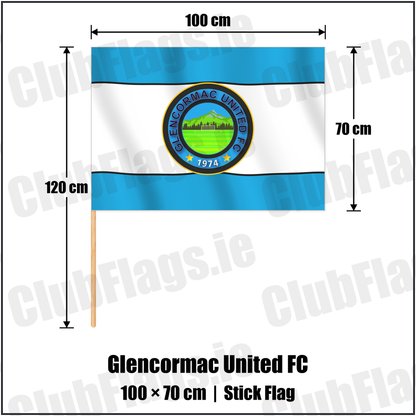 Glencormac United FC 70cm x 100cm Stick Flag with the club crest and colours, Wicklow Football - ClubFlags.ie