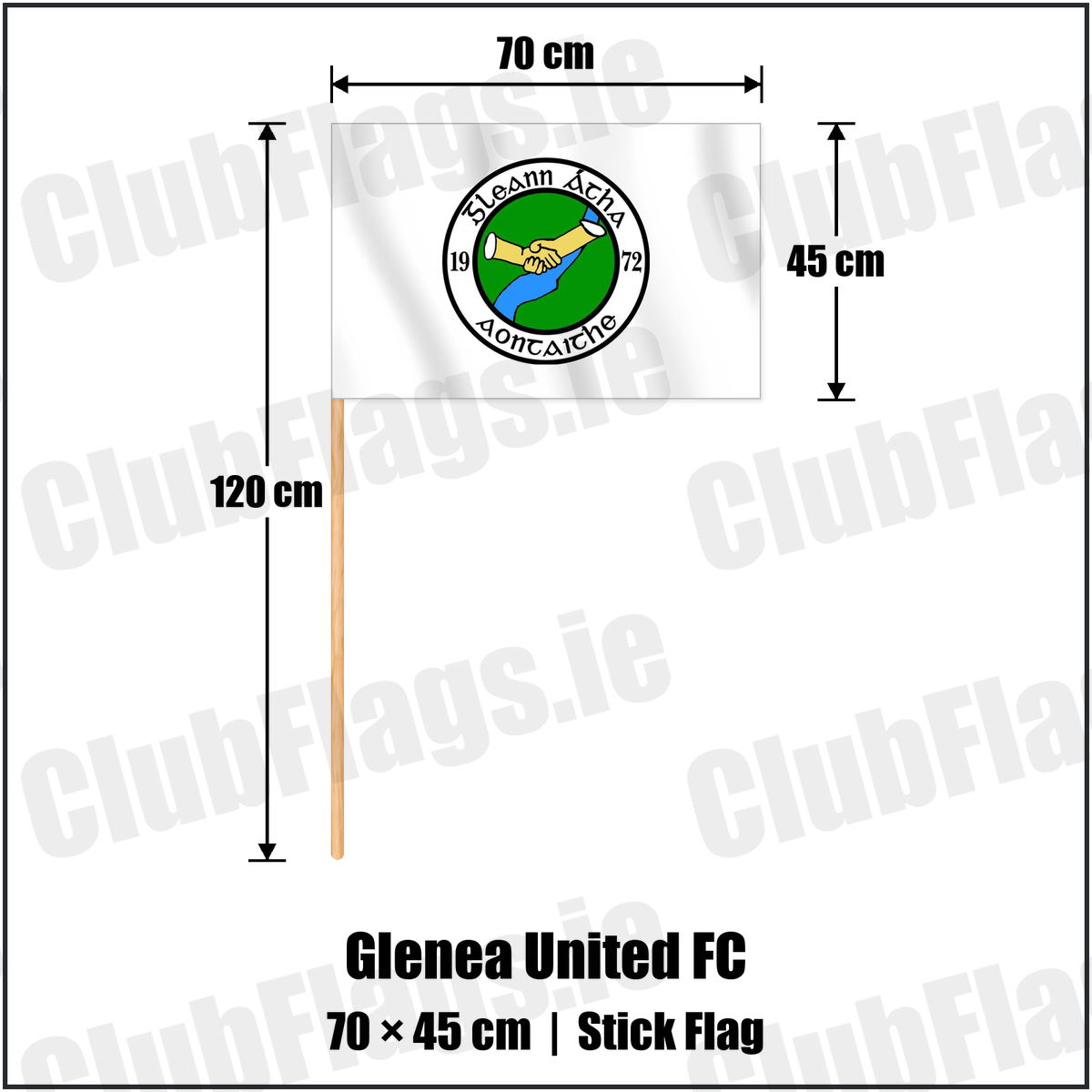 Glenea United FC 45cm x 70cm Stick Flag with the club crest and colours, Donegal Football - ClubFlags.ie