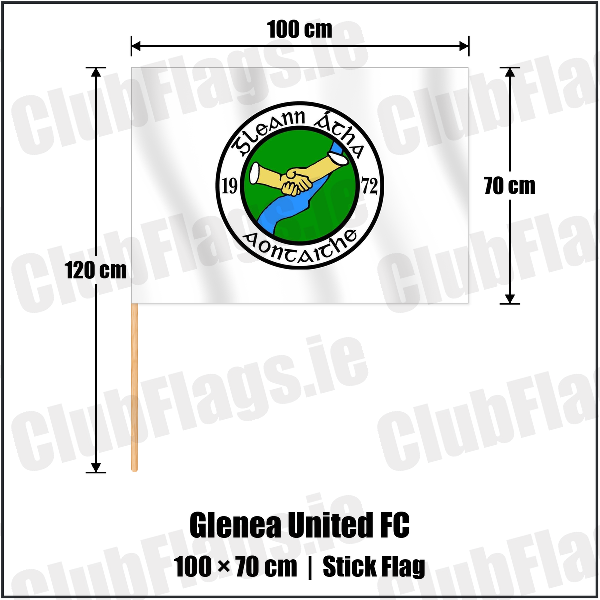 Glenea United FC 70cm x 100cm Stick Flag with the club crest and colours, Donegal Football - ClubFlags.ie