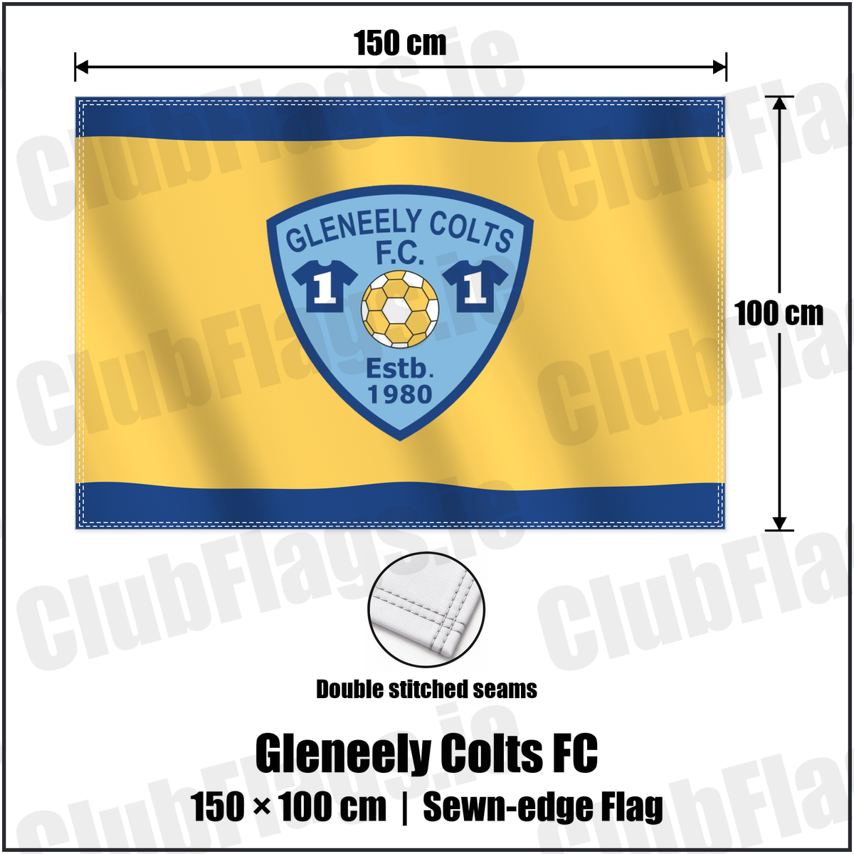 Gleneely Colts FC 100cm x 150cm Flag (sewn on the edges) with the club crest and colours, Donegal Football - ClubFlags.ie