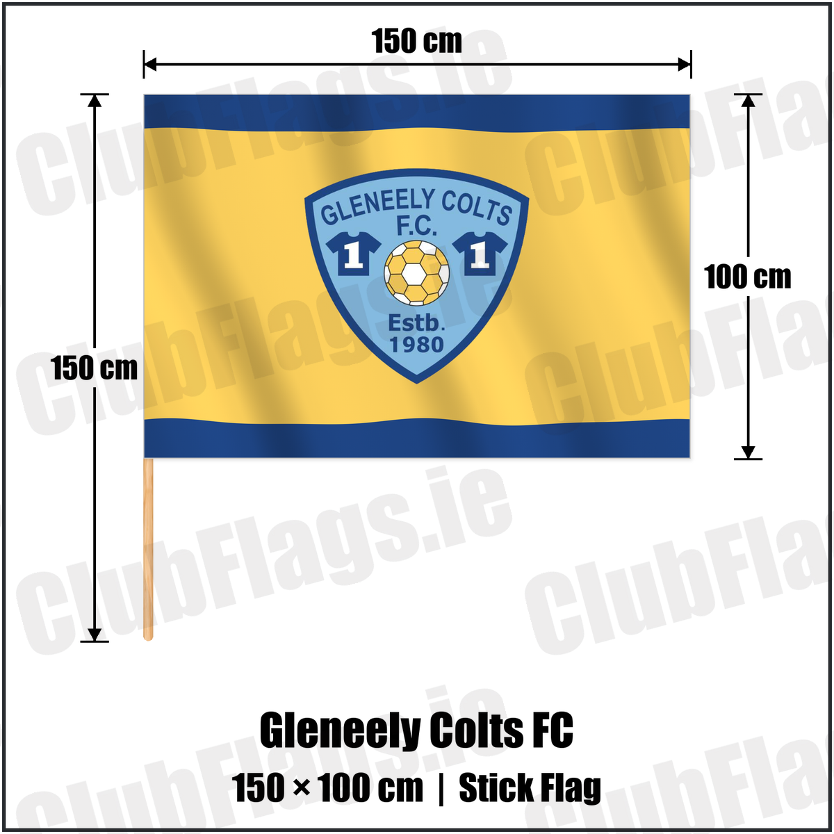 Gleneely Colts FC 100cm x 150cm Stick Flag with the club crest and colours, Donegal Football - ClubFlags.ie