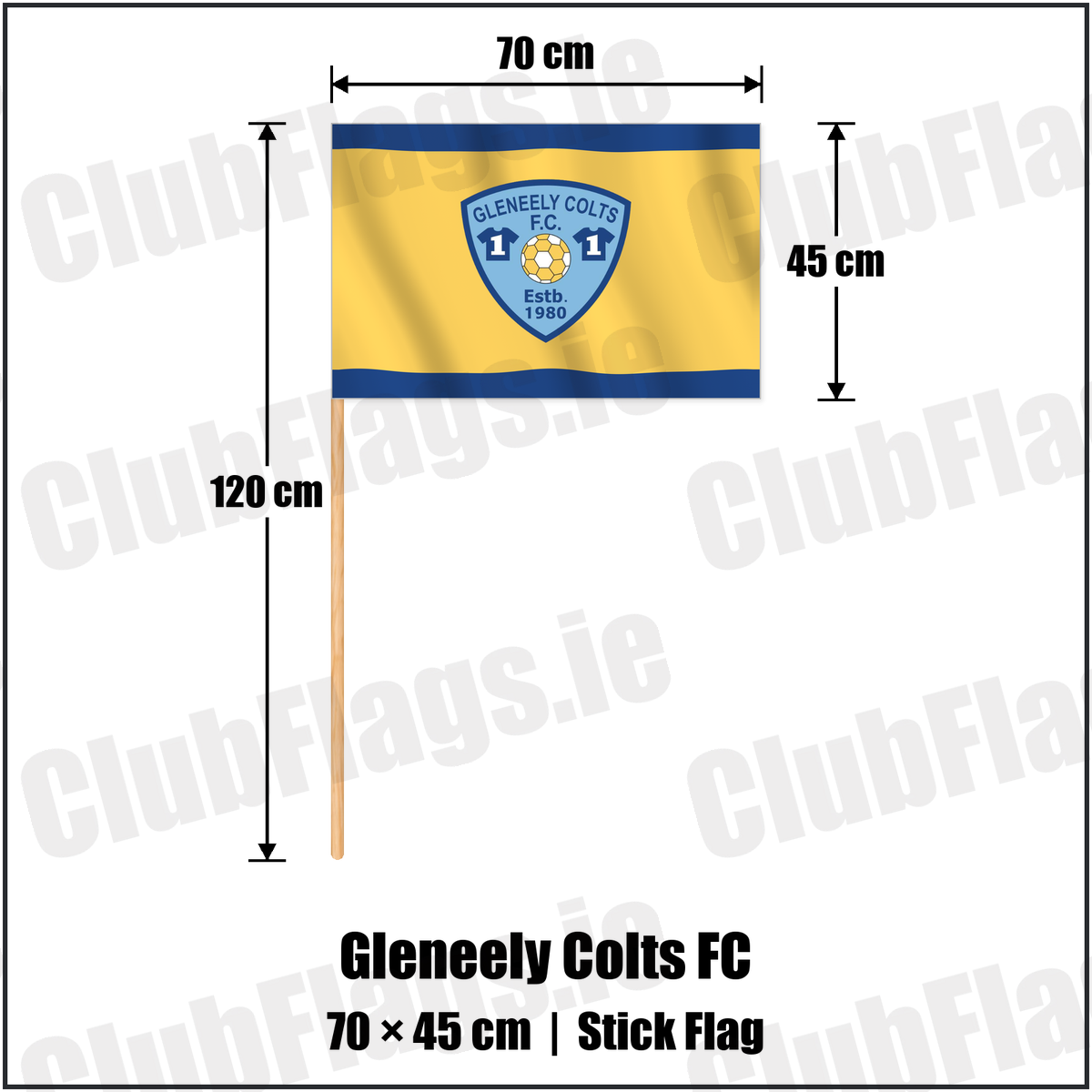 Gleneely Colts FC 45cm x 70cm Stick Flag with the club crest and colours, Donegal Football - ClubFlags.ie