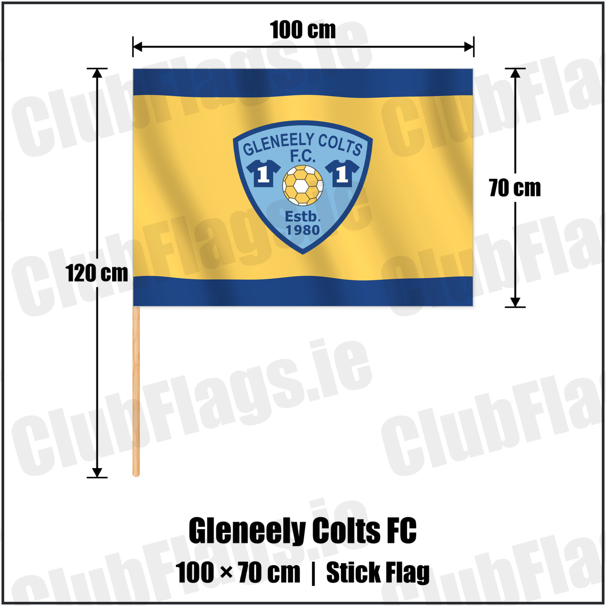 Gleneely Colts FC 70cm x 100cm Stick Flag with the club crest and colours, Donegal Football - ClubFlags.ie
