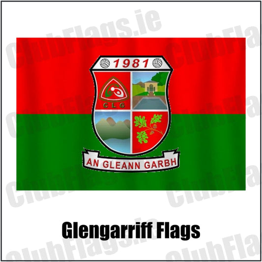 Glengarriff Flags in red and green, featuring the club crest on realistic fabric with gentle vertical folds; County Cork GAA. ClubFlags.ie.
