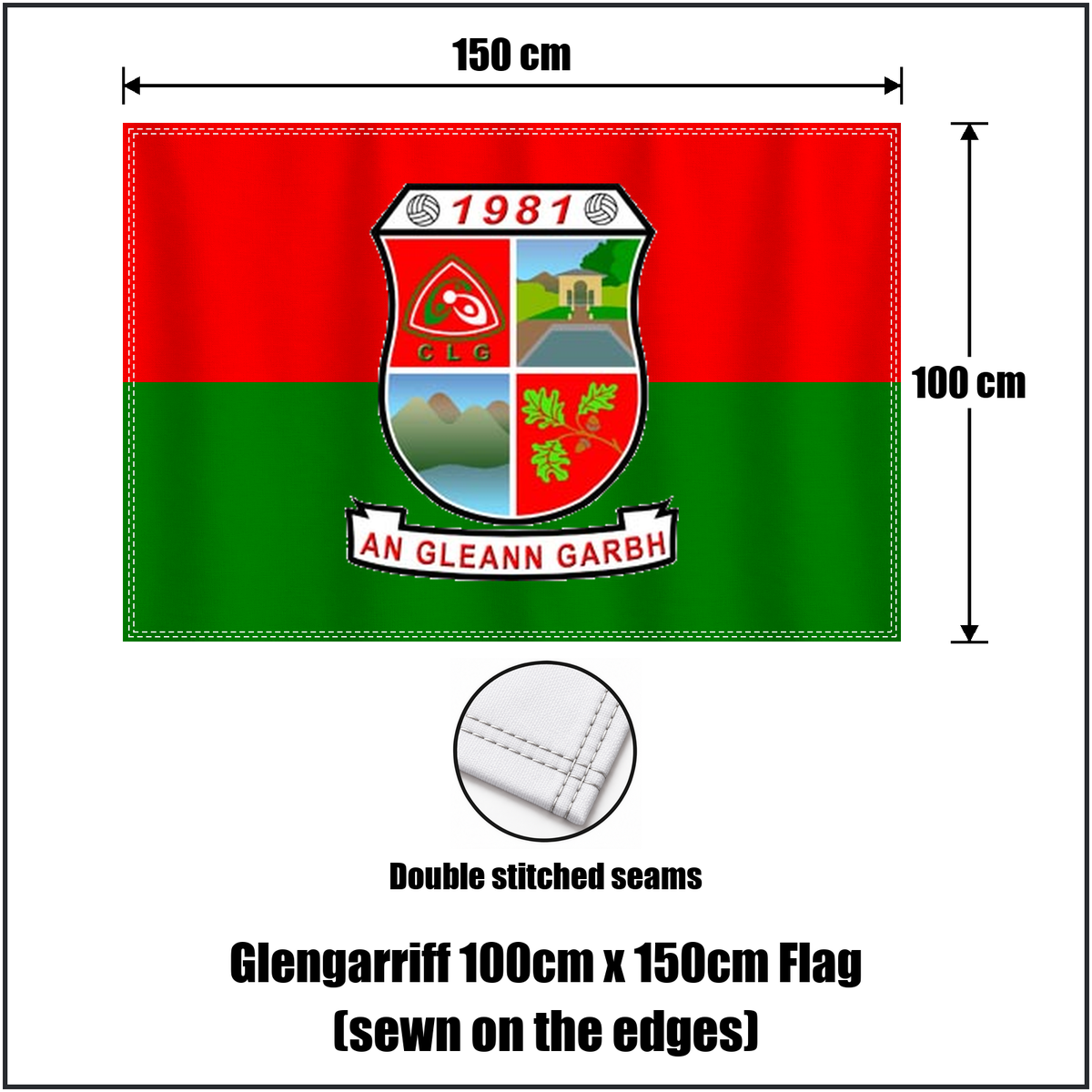 Glengarriff 100cm x 150cm Flag (sewn on the edges), featuring the club crest and red and green colours; County Cork GAA. ClubFlags.ie.