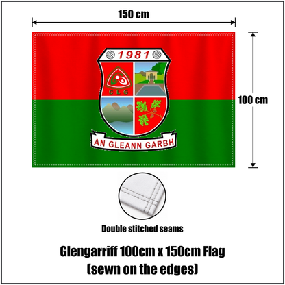 Glengarriff 100cm x 150cm Flag (sewn on the edges), featuring the club crest and red and green colours; County Cork GAA. ClubFlags.ie.