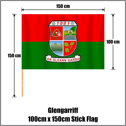 Glengarriff 100cm x 150cm Stick Flag, featuring the club crest and red and green colours; County Cork GAA. ClubFlags.ie.